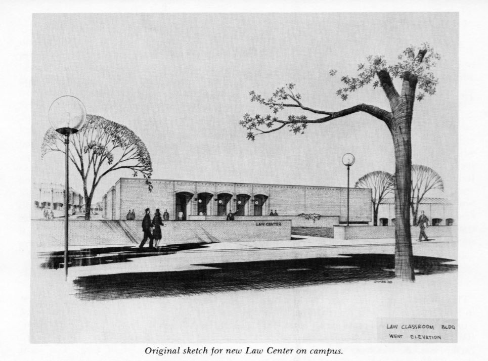 black and white sketch of the Law Center with trees in front and people walking past
