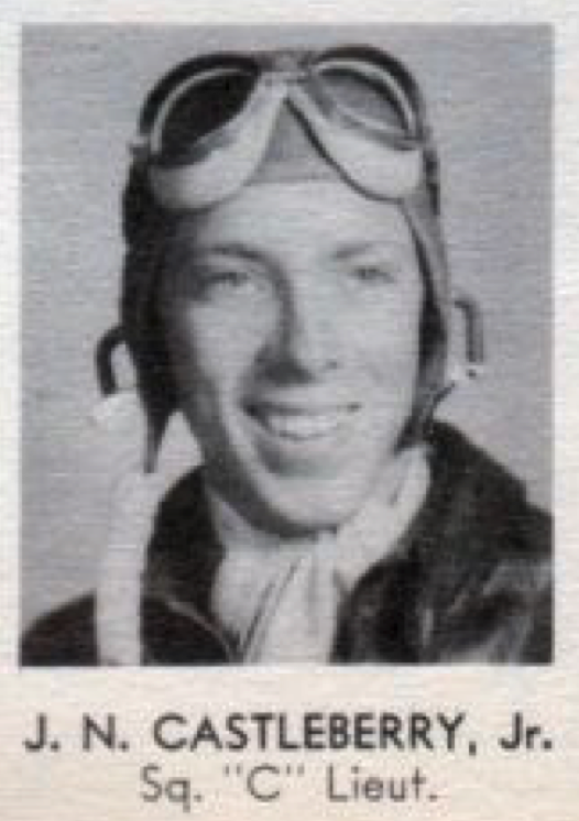 Individual Class Photo | Dean Castleberry in Leather Flyers Jacket, Flyers Scarf, Leather Flyers Helmet, and Flyers Goggles resting on forehead | Individual Class Photo | Air Force Aviation School | Stamford Field Texas 1942