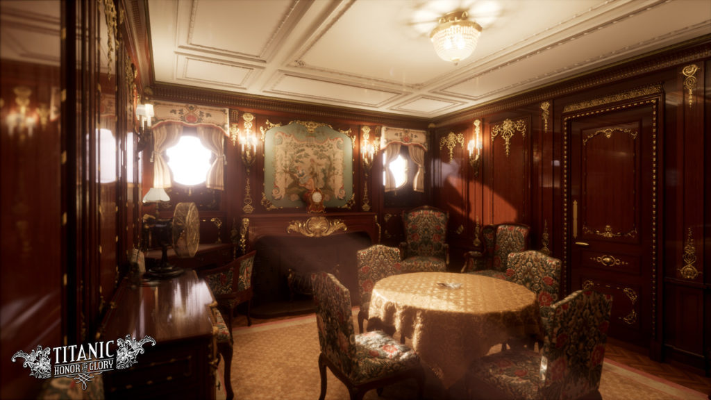 An image depicting a parlor suite on board Titanic with its ornately carved wood work and period appropriate furniture with fireplace and mantle